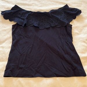 ⭐️ Ann Taylor Navy Bardot off the shoulder ruffle top flutter sleeve women MP